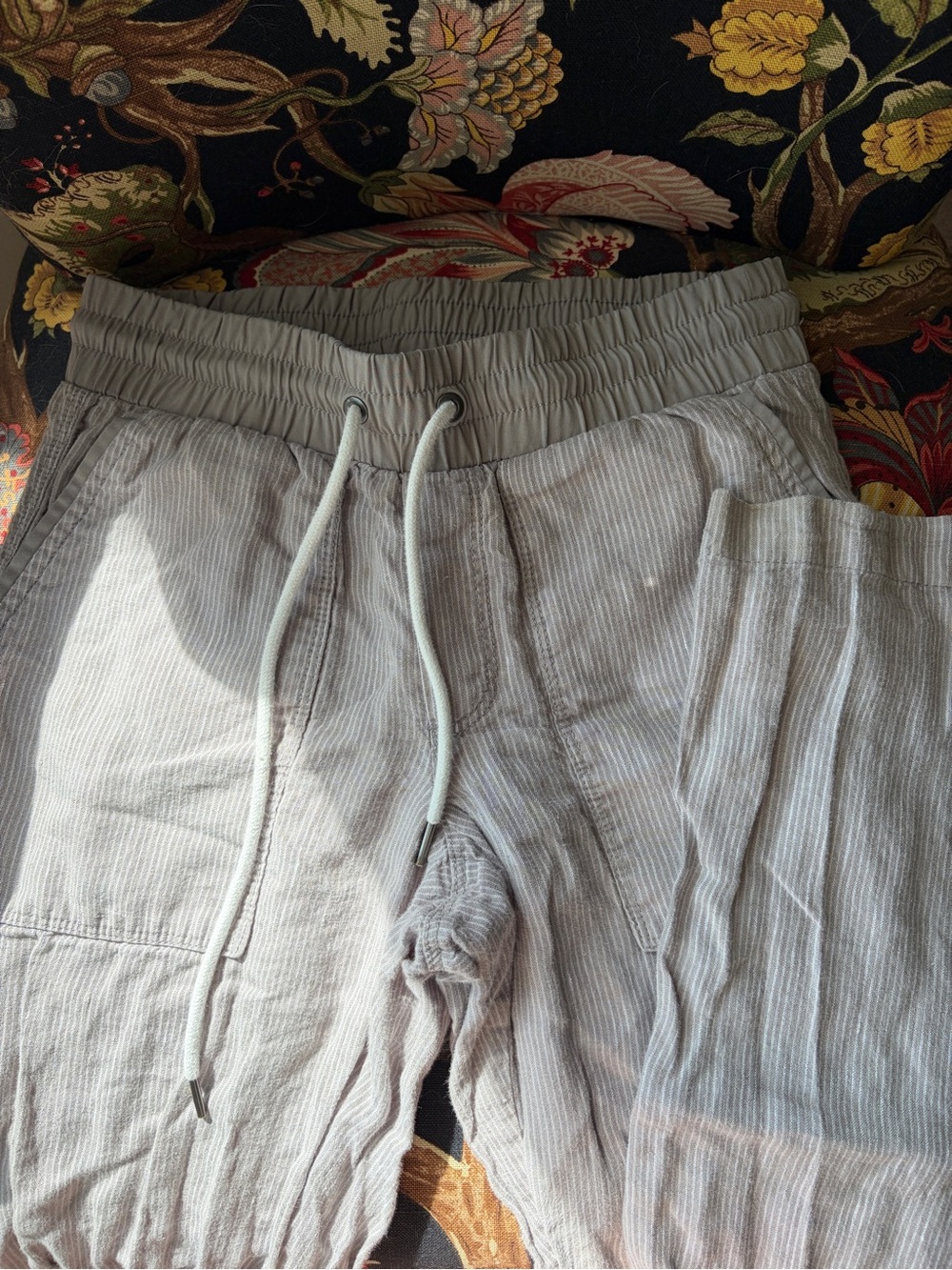 Athleta Light Gray Drawstring Taupe Stripe Pants